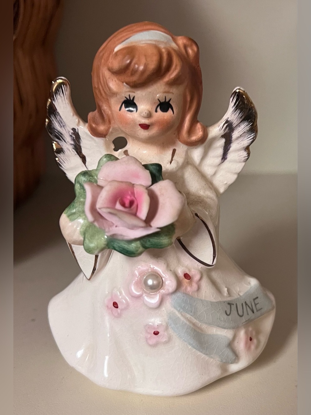 Lefton JUNE angel 60s kitch month of the year hand-painted MCM #6224 foil label